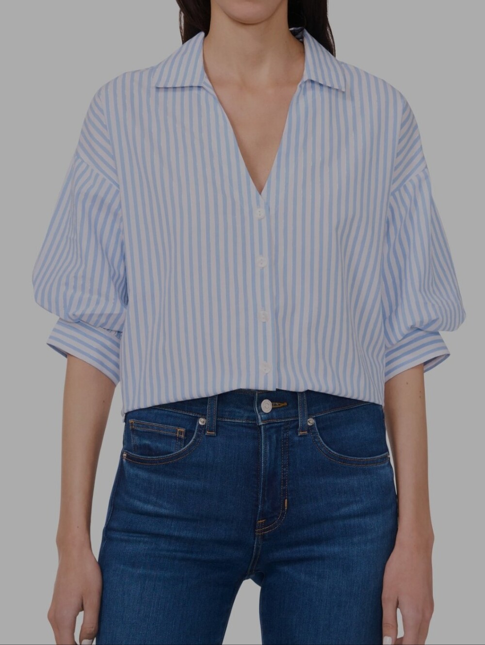 CeCe Womens Metallic Blue-White Striped Puff Sleeve Button-Down Shirt Sz. XL